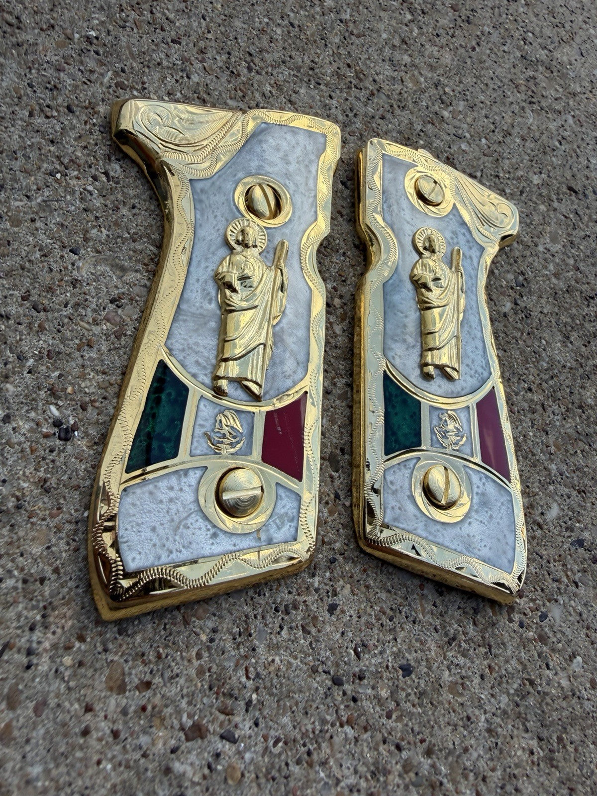 Beretta 92FS Cachas San Judas Gold Plated Pistol Custom Grips & Gold Screws