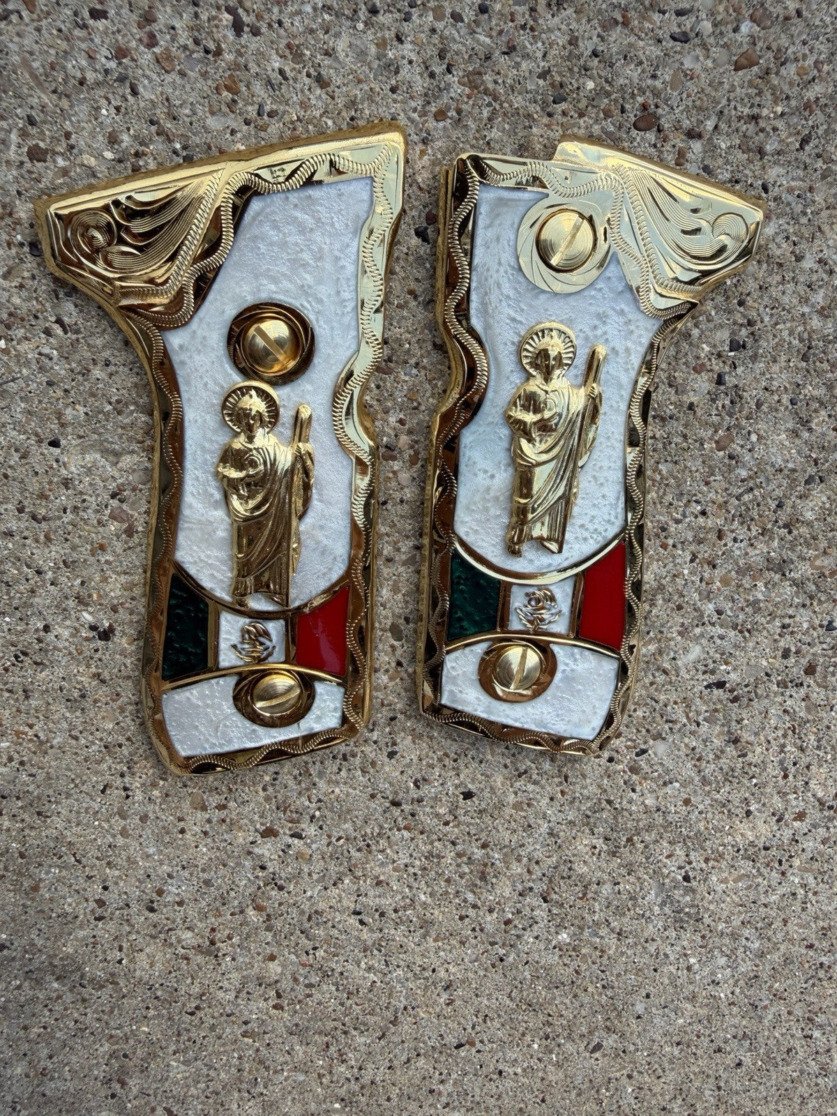 Beretta 92FS Cachas San Judas Gold Plated Pistol Custom Grips & Gold Screws