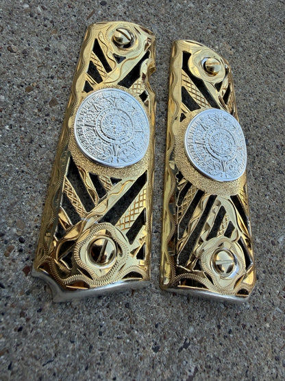 1911 45 38 Super Full Size Aztec Gold Gun Pistol Grip Cachas & 24K Screws