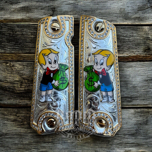 1911 ZIRCONIA 45 38 SUPER RICHIE RICH GOLD GUN PISTOL GRIP CACHAS & 24K SCREWS