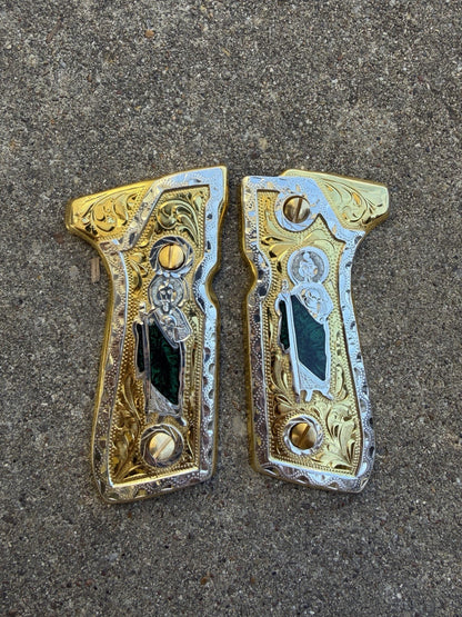 Beretta 92FS Cachas San Judas Gold Plated Pistol Custom Grips & Gold Screws