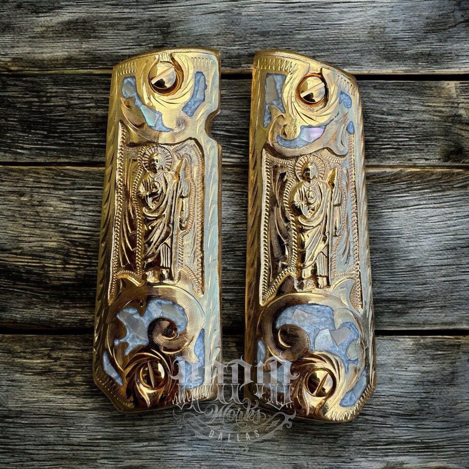1911 45 38 Super Full Size San Judas Gold Gun Pistol Grip Cachas & 24K Screws