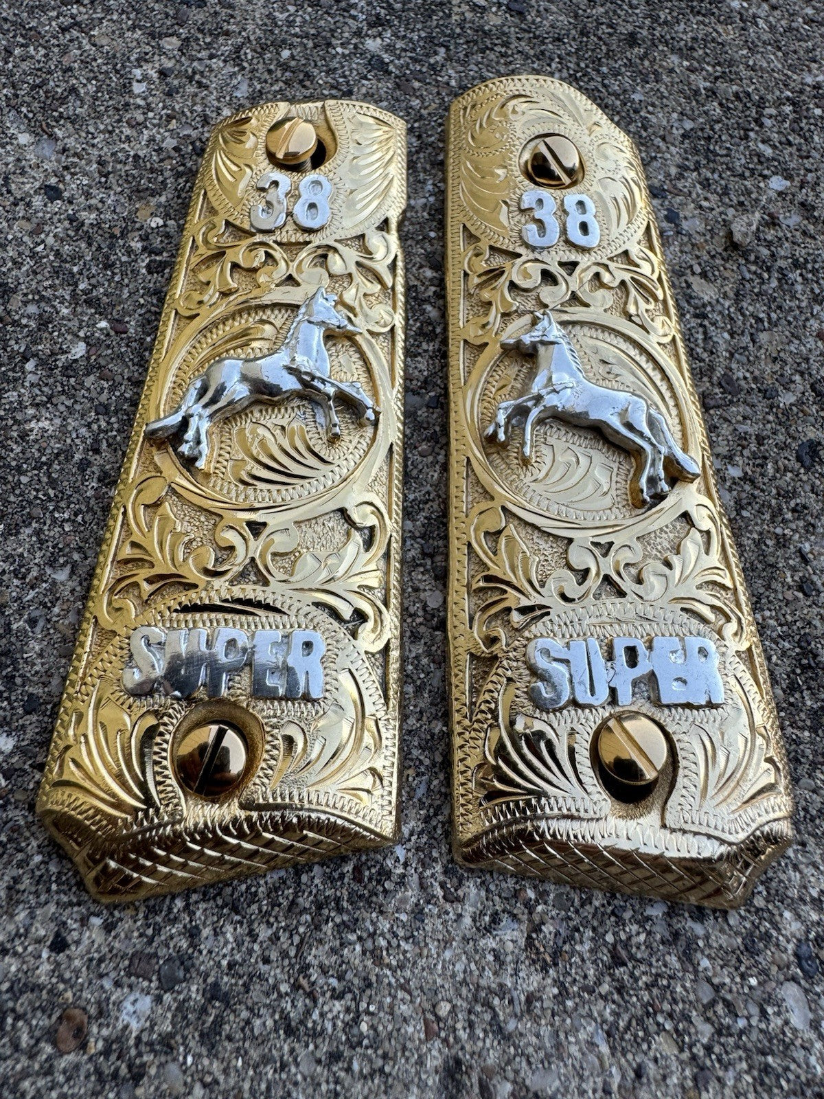 1911 45 38 Super Full Size Horse Gold Gun Pistol Grip Cachas & 24K Screws