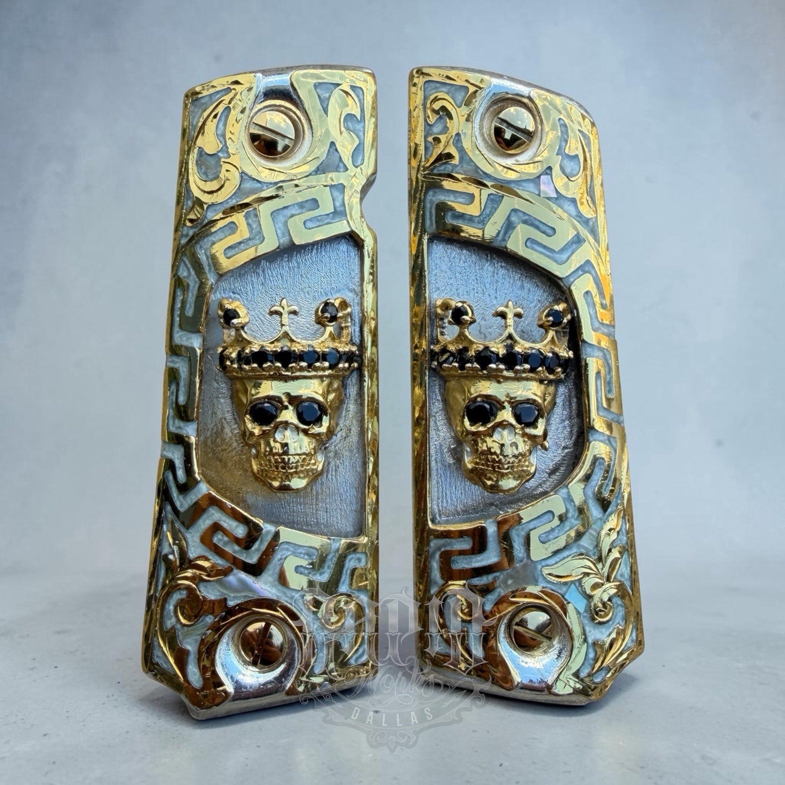1911 45 38 Super Full Size Skull Crown Gold Gun Pistol Grip Cachas & 24K Screws