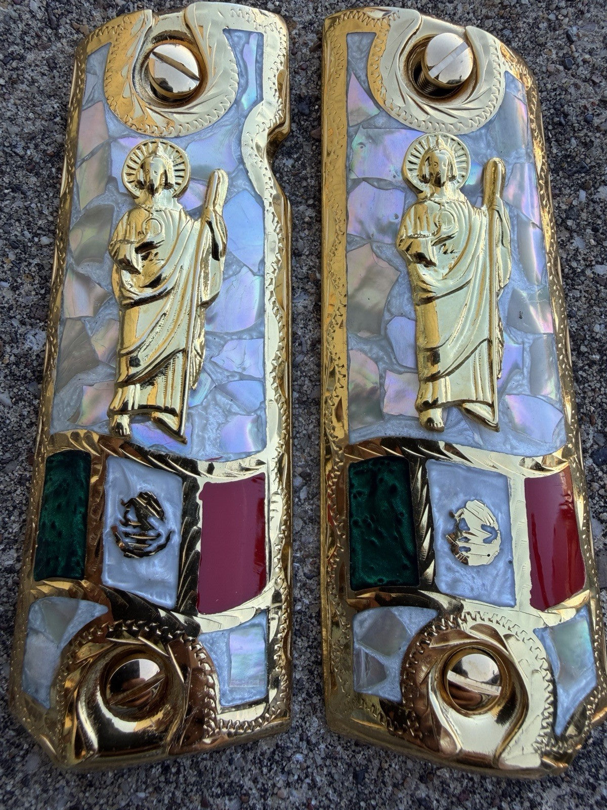 1911 45 38 Super Full Size San Judas Gold Gun Pistol Grip Cachas & 24K Screws