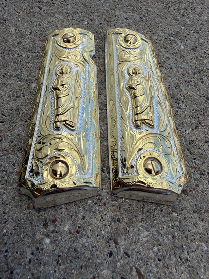 1911 45 38 Super Full Size San Judas Gold Gun Pistol Grip Cachas & 24K Screws