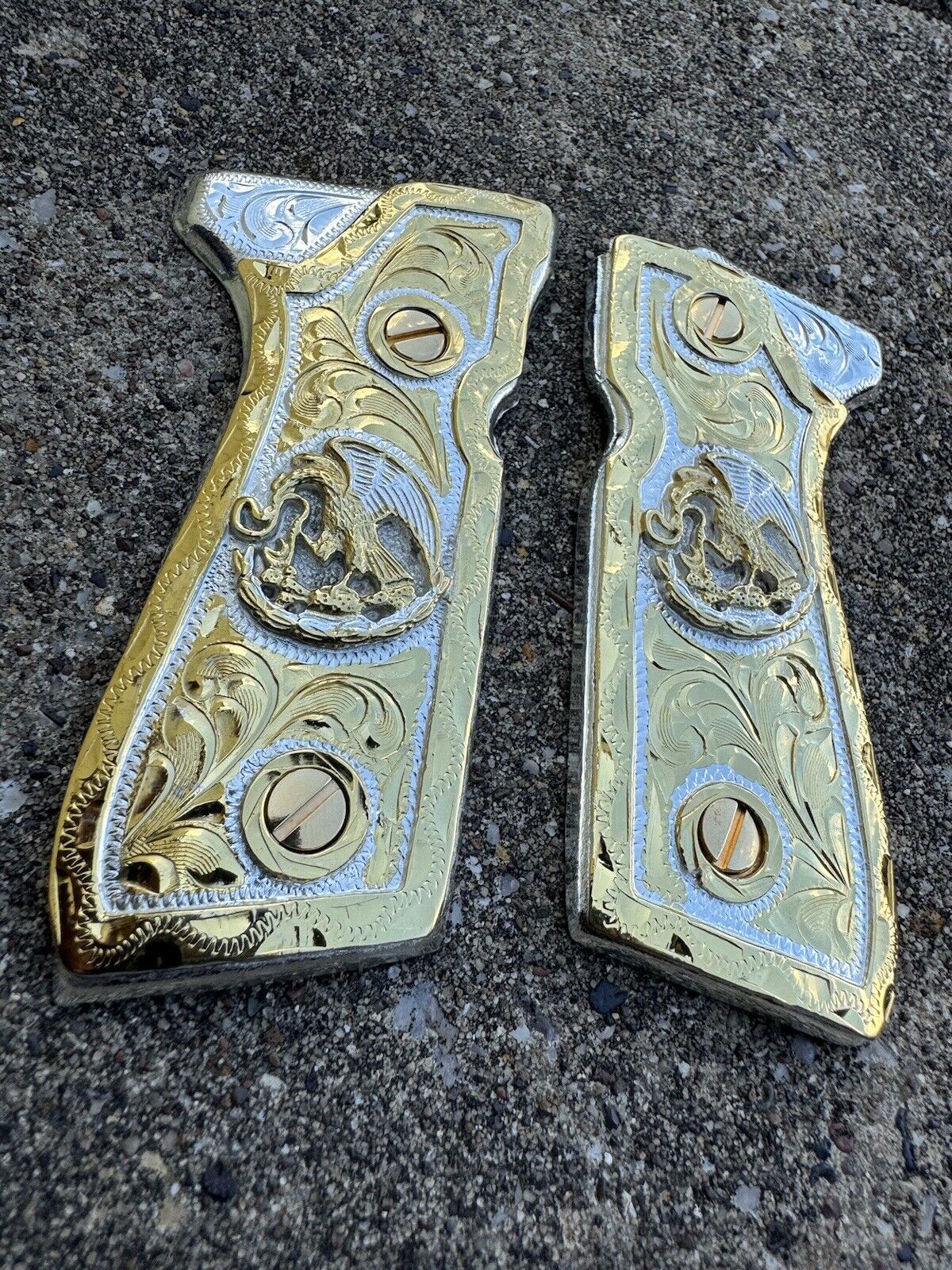 Beretta 92FS Cachas Mexican Eagle Gold Plated Pistol Custom Grips & Gold Screws