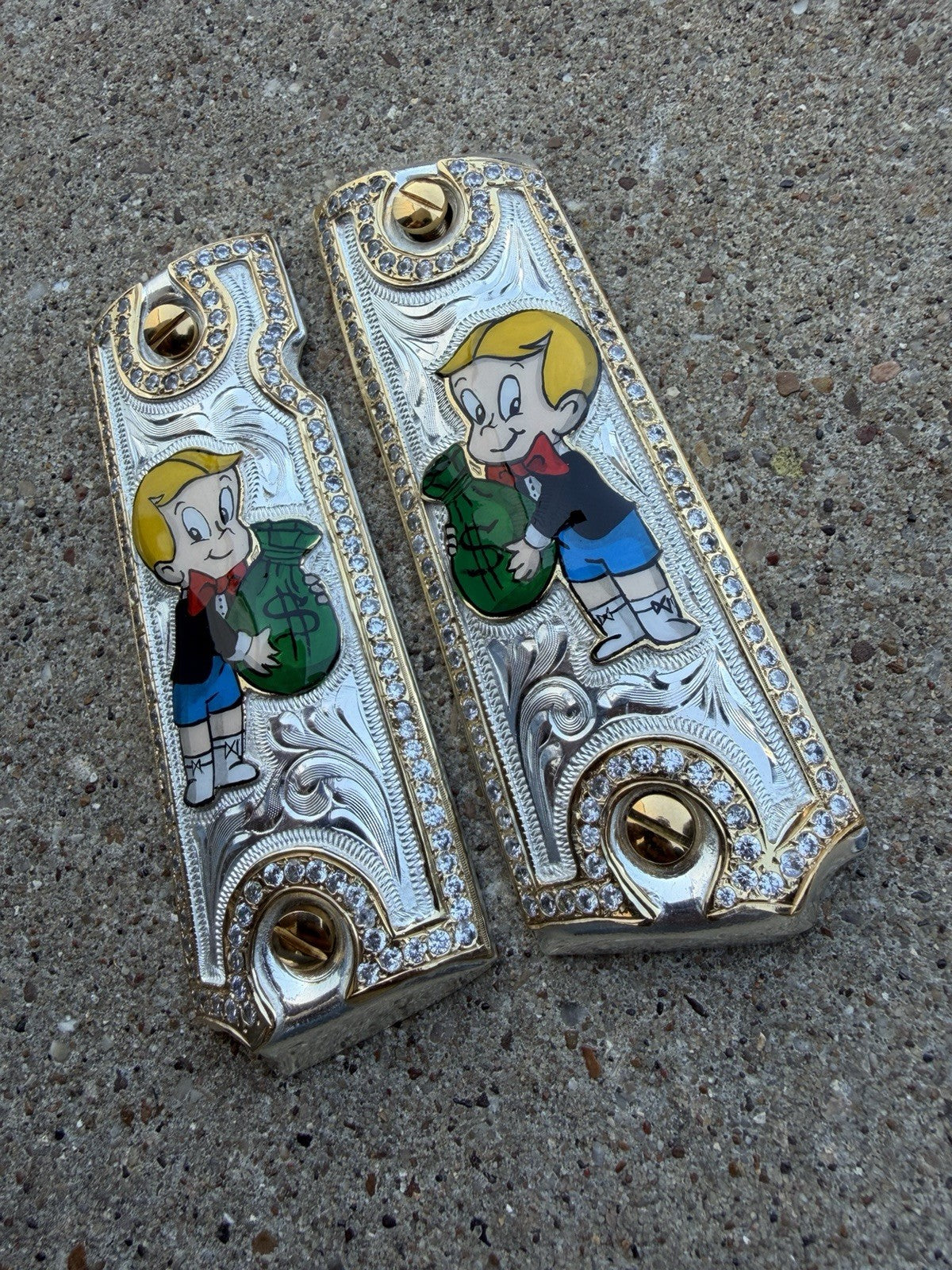 1911 ZIRCONIA 45 38 SUPER RICHIE RICH GOLD GUN PISTOL GRIP CACHAS & 24K  SCREWS