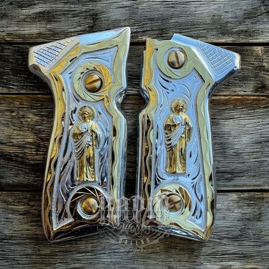 Beretta 92FS Cachas San Judas Gold Plated Pistol Custom Grips & Gold Screws