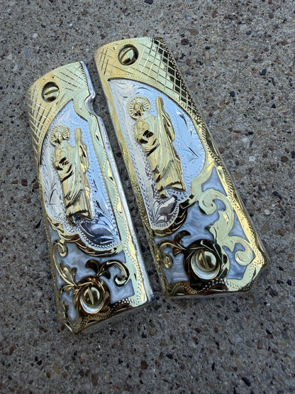 1911 45 38 Super Full Size San Judas Gold Gun Pistol Grip Cachas & 24K Screws