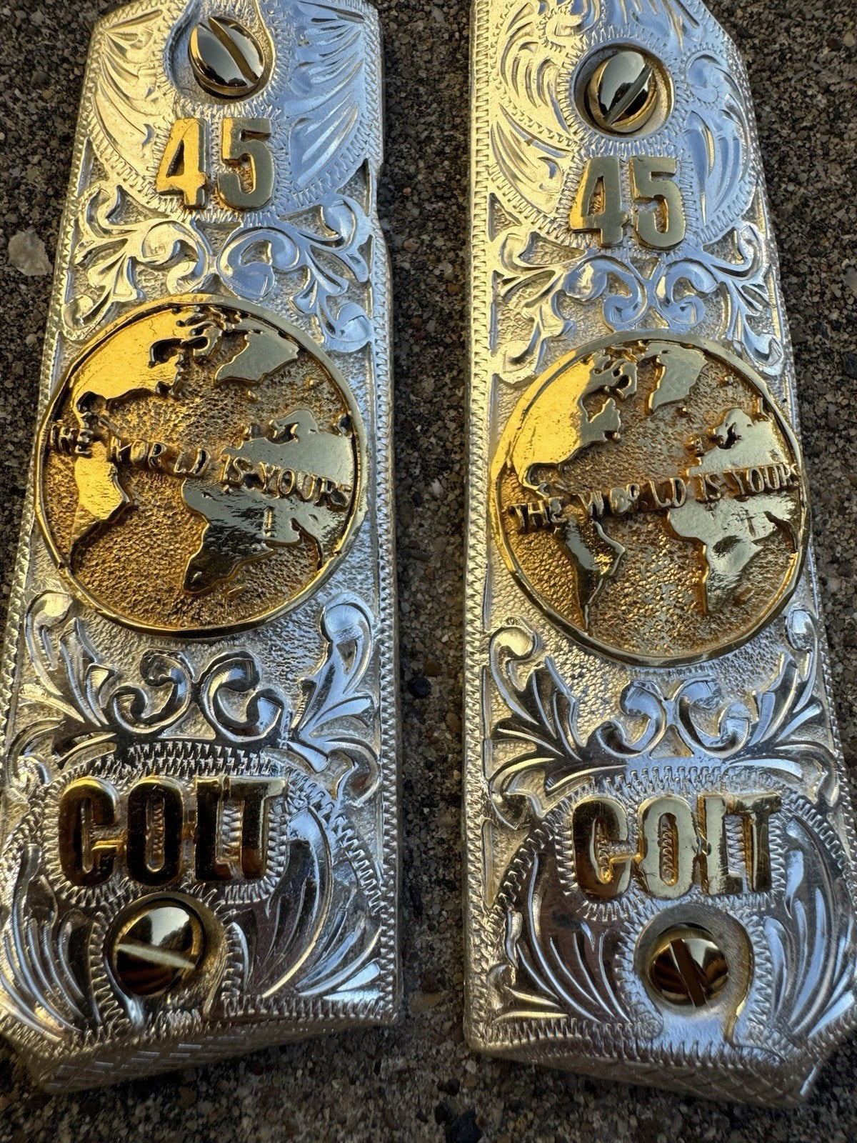 1911 45 38 Super Full Size World Is Yours Gold Gun Pistol Grip Cachas & 24KScrew