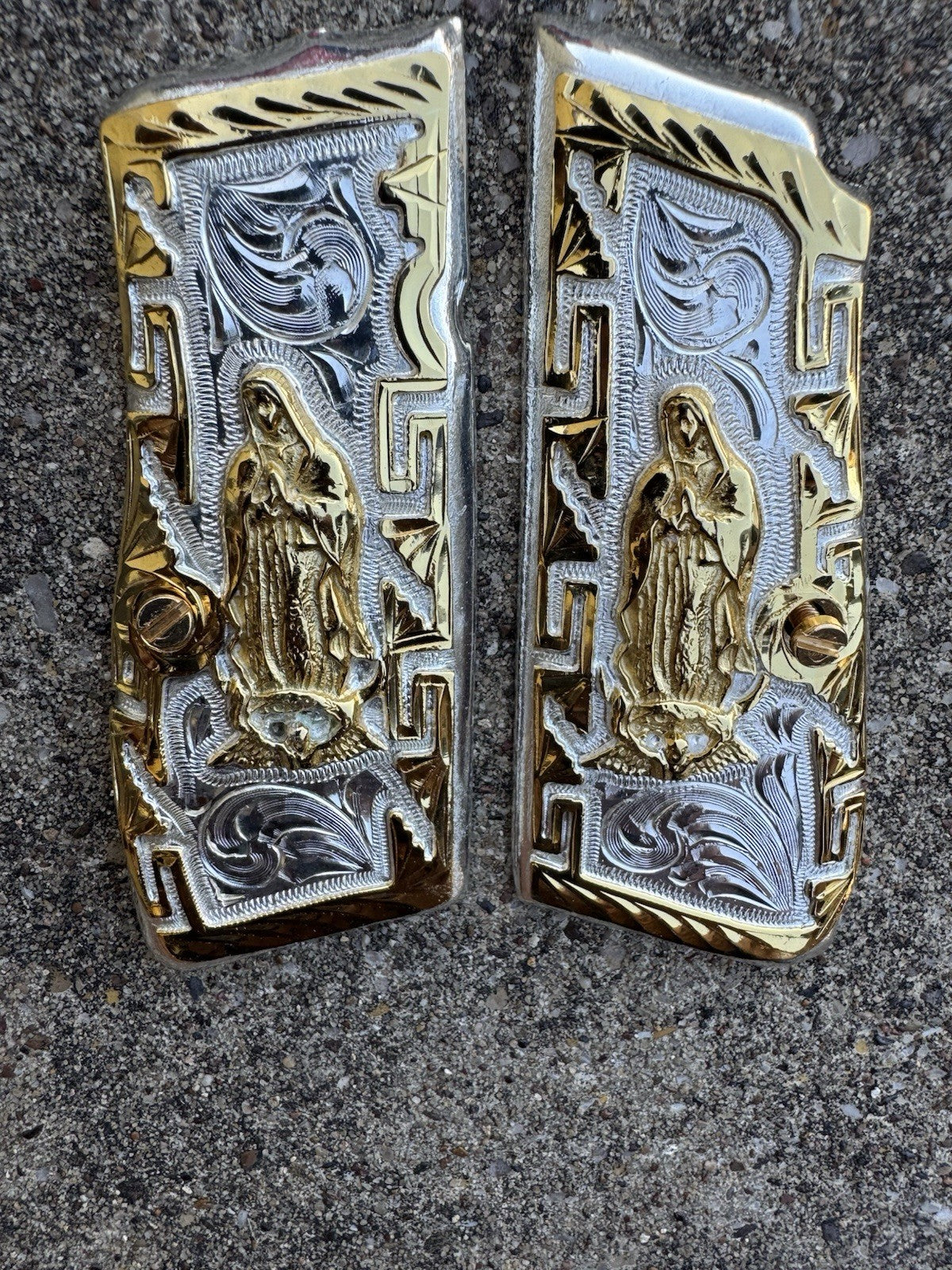 Browning Hi-Power 9mm Virgen De Guadalupe Gold Gun Pistol Grip Cachas & Screws