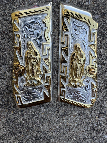 Browning Hi-Power 9mm Virgen De Guadalupe Gold Gun Pistol Grip Cachas & Screws