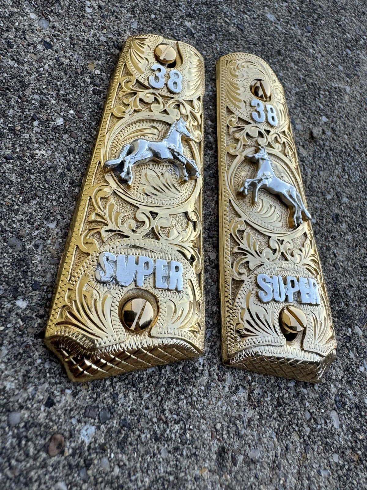1911 45 38 Super Full Size Horse Gold Gun Pistol Grip Cachas & 24K Screws