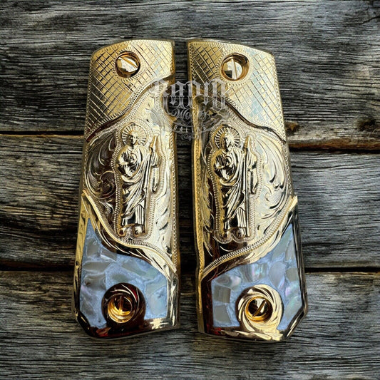 1911 45 38 Super Full Size San Judas Gold Gun Pistol Grips Cachas & 24K Screws