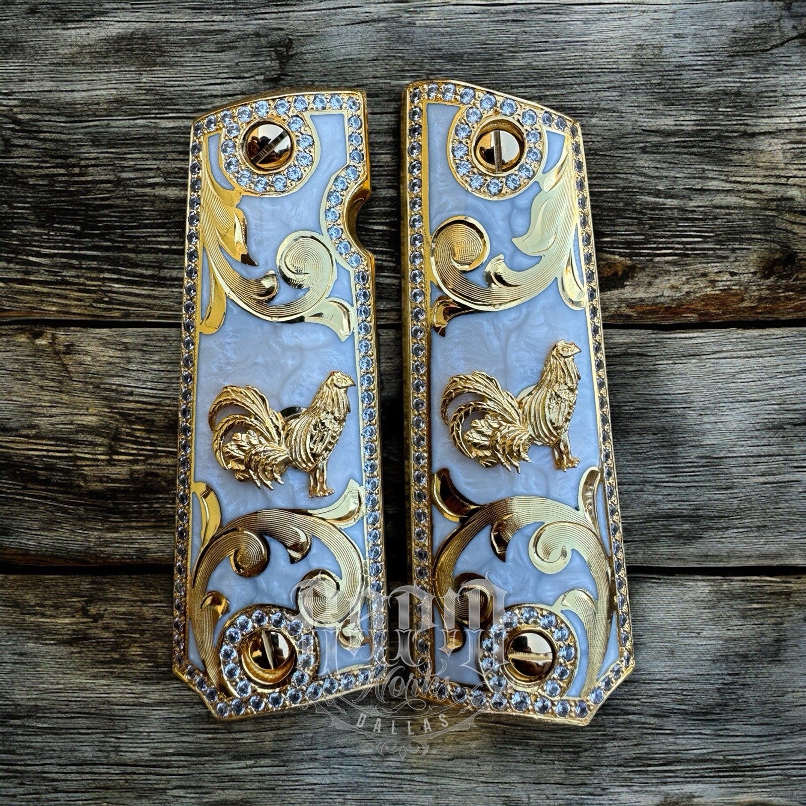 1911 ZIRCONIA 45 38 SUPER COLT GALLO GOLD GUN PISTOL GRIP CACHAS & 24K SCREW