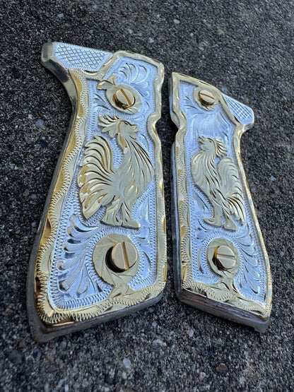 Beretta 92FS Cachas Gallo Gold Plated Pistol Custom Grips & Gold Screws
