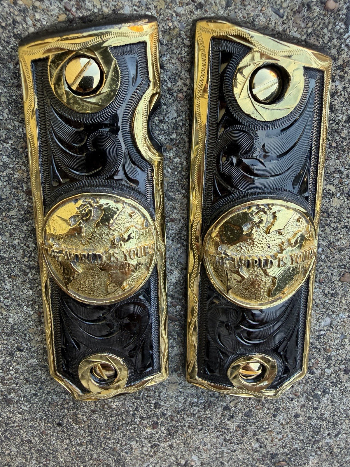 1911 45 38 Super Full Size WORLD IS YOURS Gold Gun Pistol Grip Cachas &24K Screw