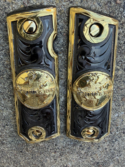 1911 45 38 Super Full Size WORLD IS YOURS Gold Gun Pistol Grip Cachas &24K Screw