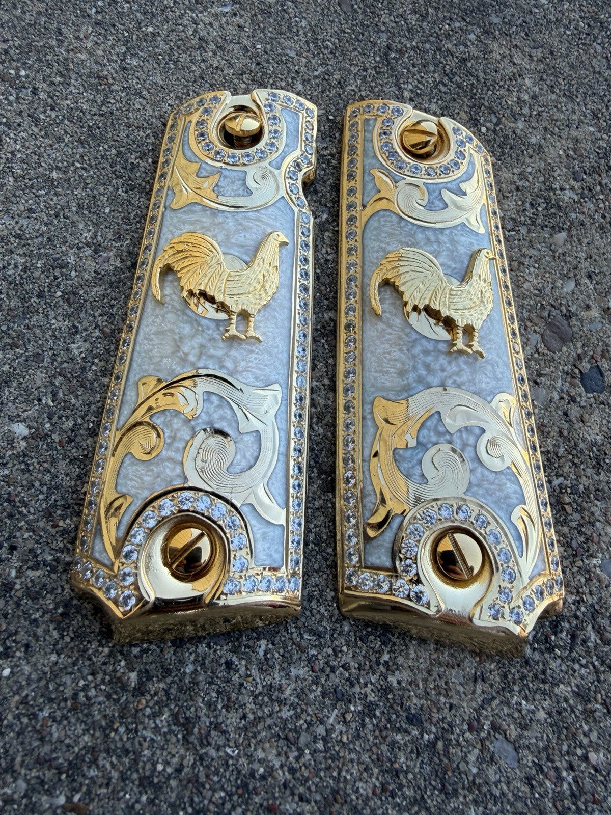 1911 ZIRCONIA 45 38 SUPER GALLO GOLD GUN PISTOL GRIP CACHAS & 24K SCREWS