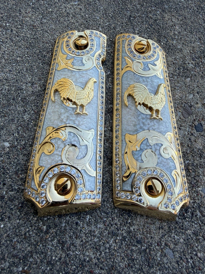 1911 ZIRCONIA 45 38 SUPER GALLO GOLD GUN PISTOL GRIP CACHAS & 24K SCREWS
