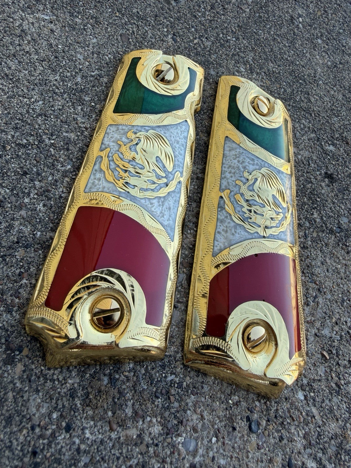 1911 45 38 Super Full Size Mexican Flag Gold Gun Pistol Grip Cachas & 24K Screws