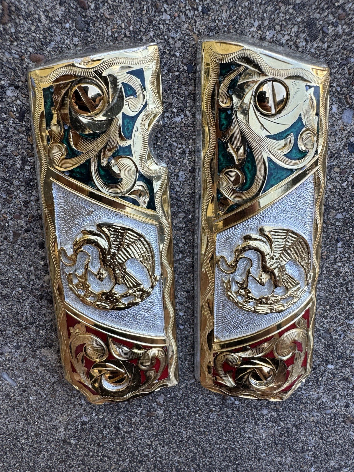 1911 45 38 Super Full Size Mexican Flag Gold Gun Pistol Grip Cachas & 24K Screws