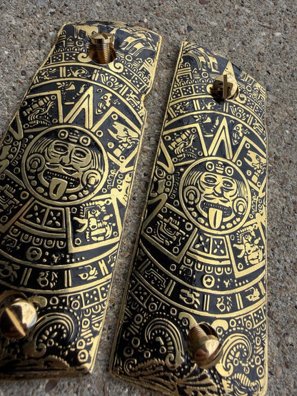 1911 Compact Officers Pistol Grips Aztec Cachas Gun Grips Gold Plated & Screws