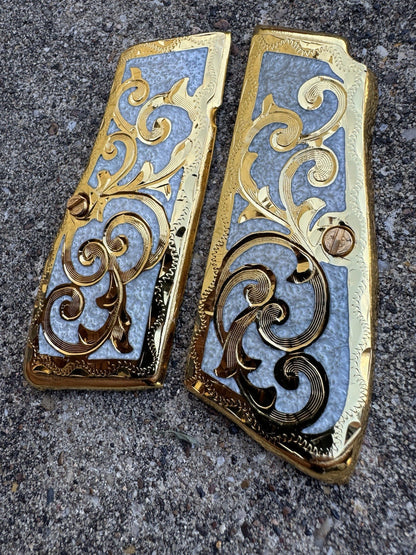Browning Hi-Power 9mm Gold Gun Pistol Grip Cachas & 24k Screws