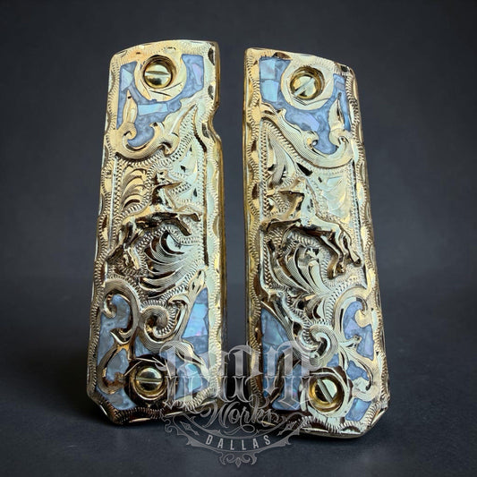 1911 45 38 Super Full Size Horse Gold Gun Pistol Grip Cachas & 24K Screws