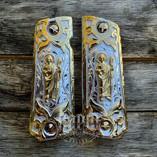 1911 45 38 Super Full Size San Judas Gold Gun Pistol Grip Cachas & 24K Screws