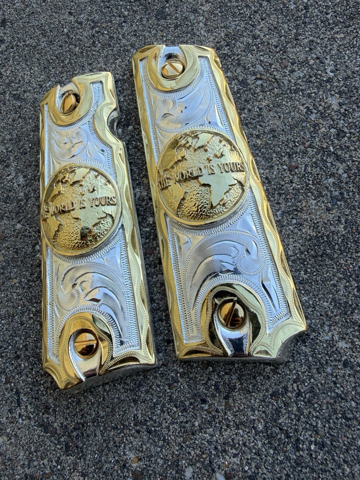 1911 45 38 Super Full Size World Is Yours Gold Gun Pistol Grip Cachas & 24KScrew