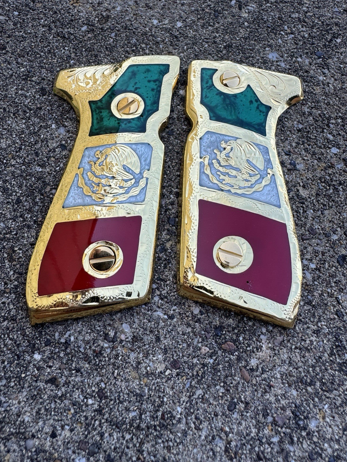 Beretta 92FS Cachas Mexican Flag Gold Plated Pistol Custom Grips & Gold Screws