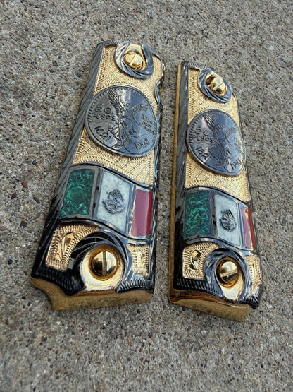 1911 45 38 Super Full Size Centenario Gold Gun Pistol Grip Cachas & 24K Screws