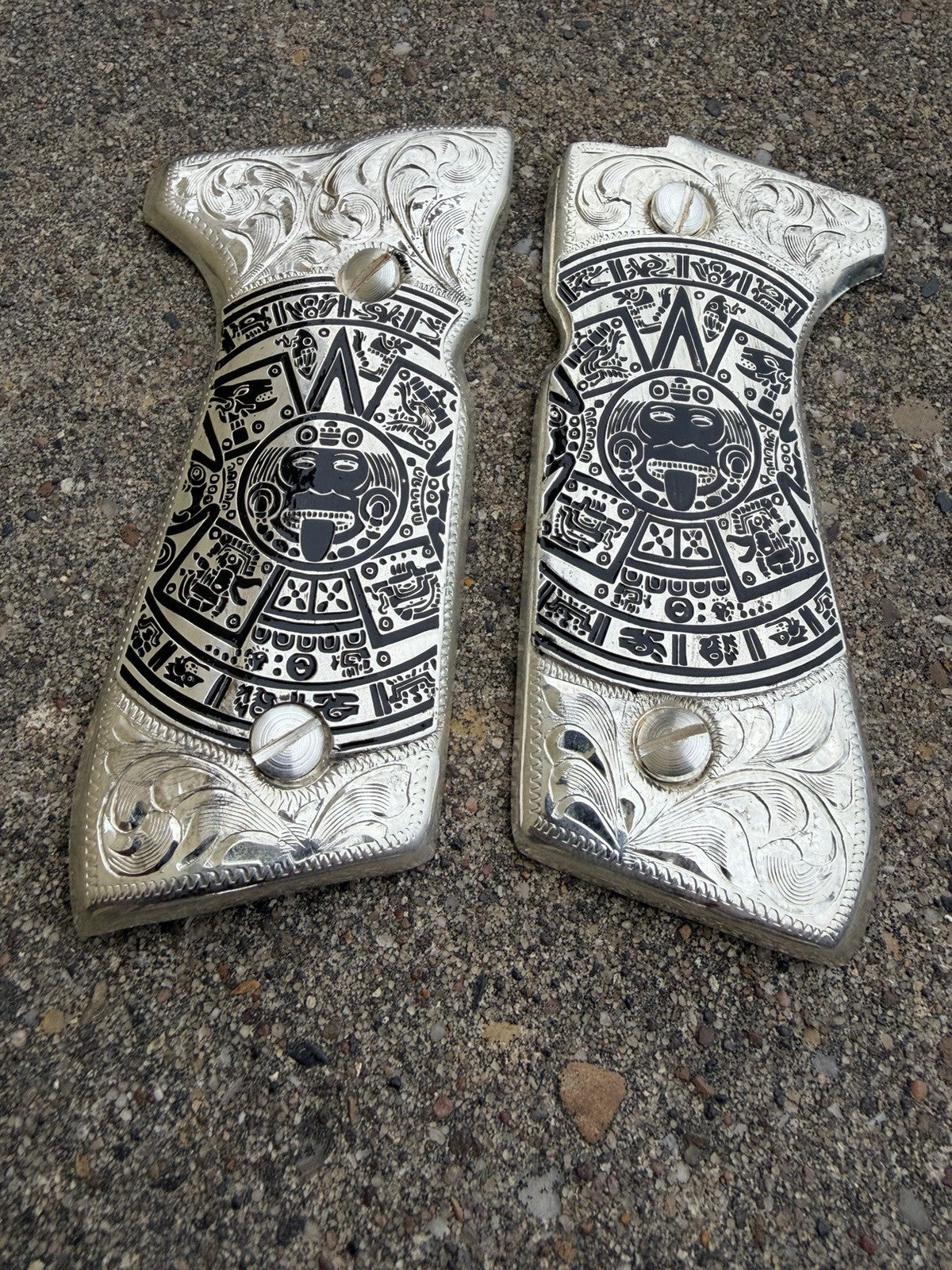 Beretta 92FS Cachas Aztec Gold Plated Pistol Custom Grips & Silver Screws