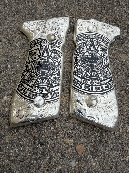 Beretta 92FS Cachas Aztec Gold Plated Pistol Custom Grips & Silver Screws