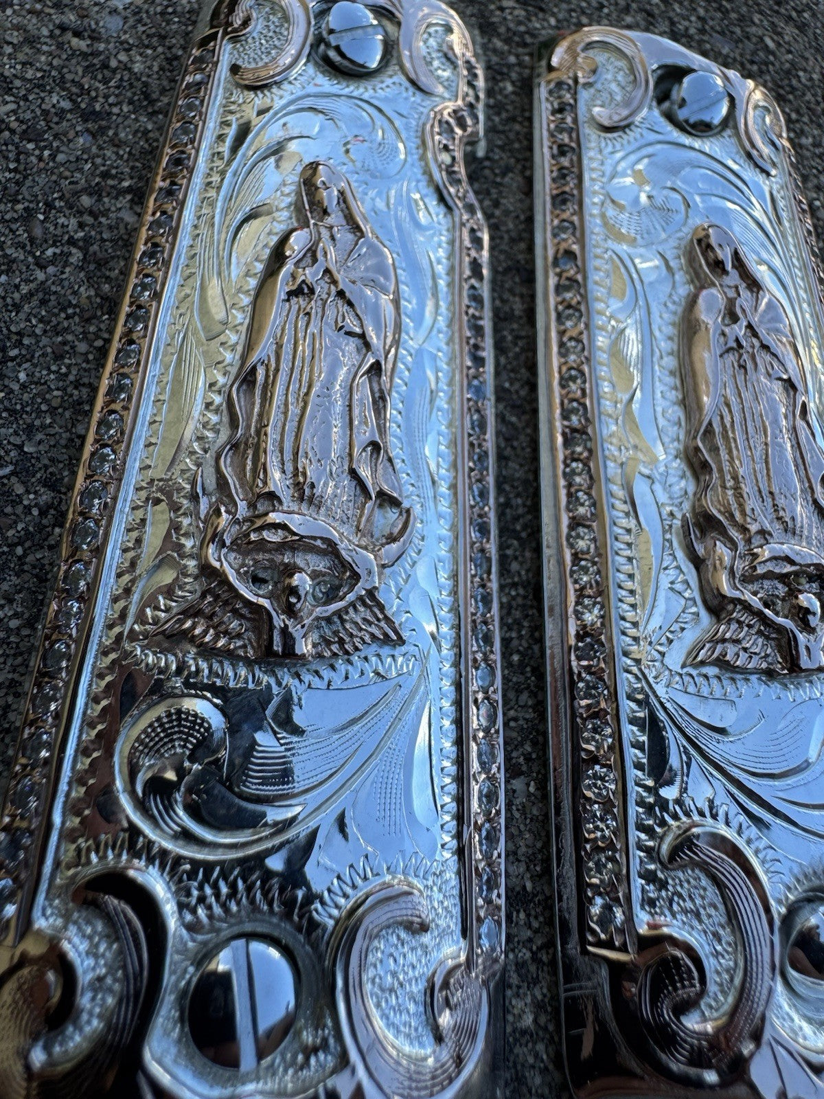 1911 ZIRCONIA 45 38 SUPER VIRGEN DE GUADALUPE ROSE GOLD GUN PISTOL GRIP CACHAS