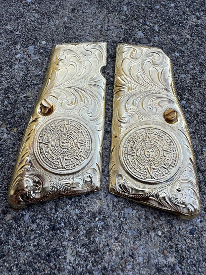 Browning Hi-Power 9mm Azteca Gold Gun Pistol Grip Cachas & 24k Screws