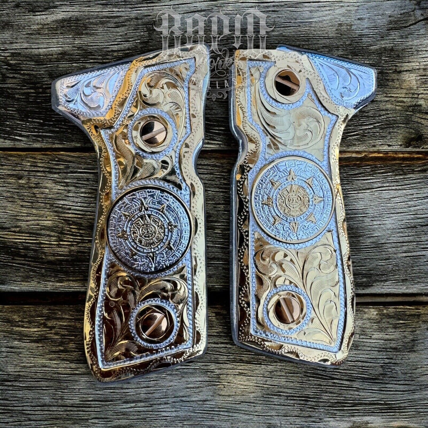 Beretta 92FS Cachas Aztec Calendario Gold Plated Pistol Custom Grips & 24k Screw