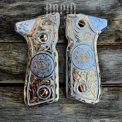 Beretta 92FS Cachas Aztec Calendario Gold Plated Pistol Custom Grips & 24k Screw