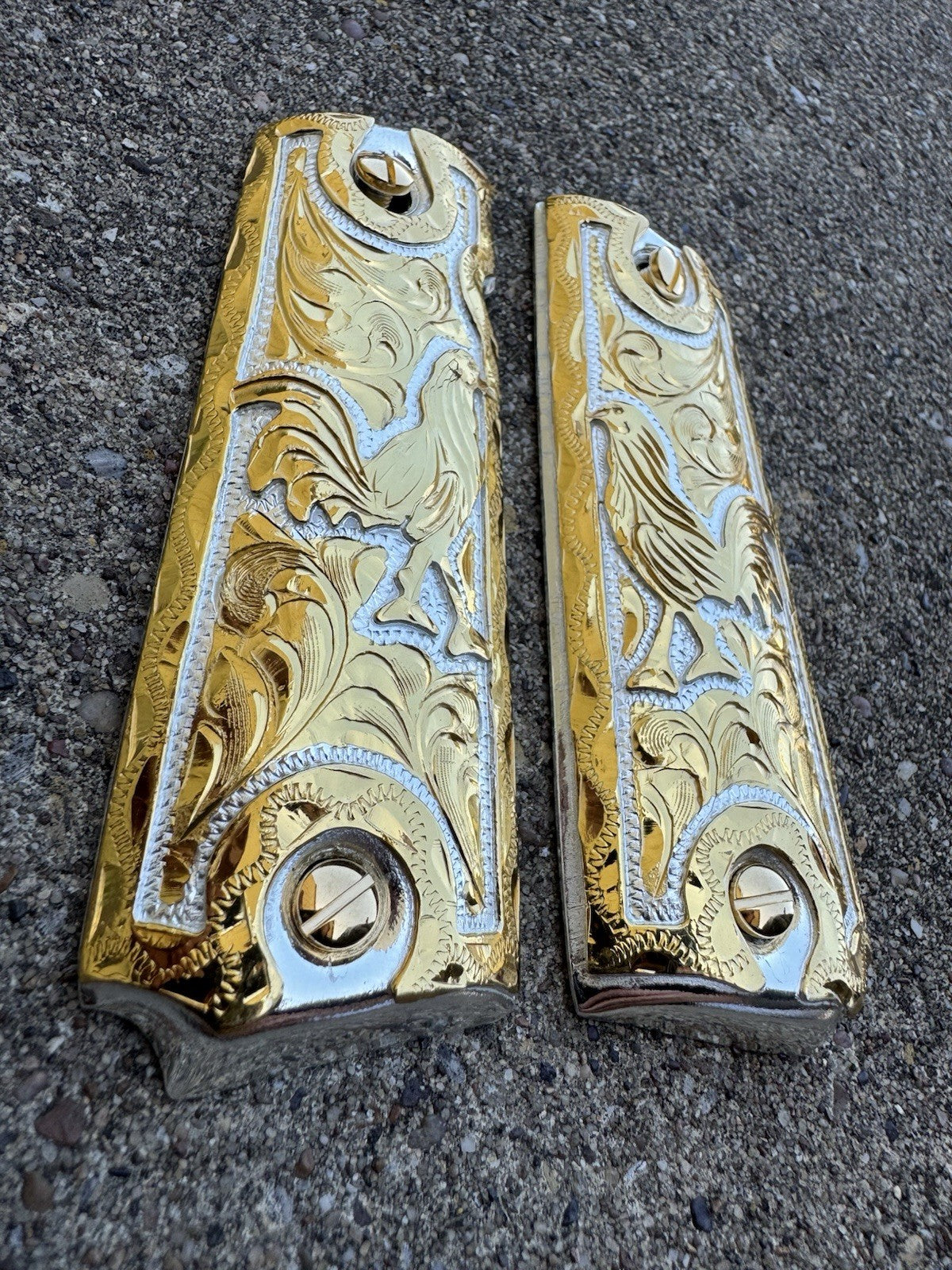1911 45 38 Super Full Size Gallo Gold Gun Pistol Grip Cachas Chapeado &24K Screw