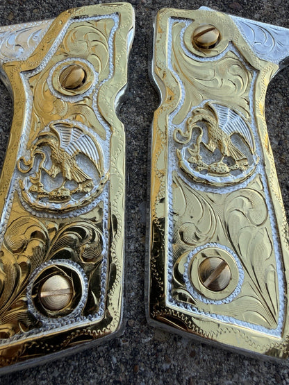 Beretta 92FS Cachas Mexican Eagle Gold Plated Pistol Custom Grips & Gold Screws