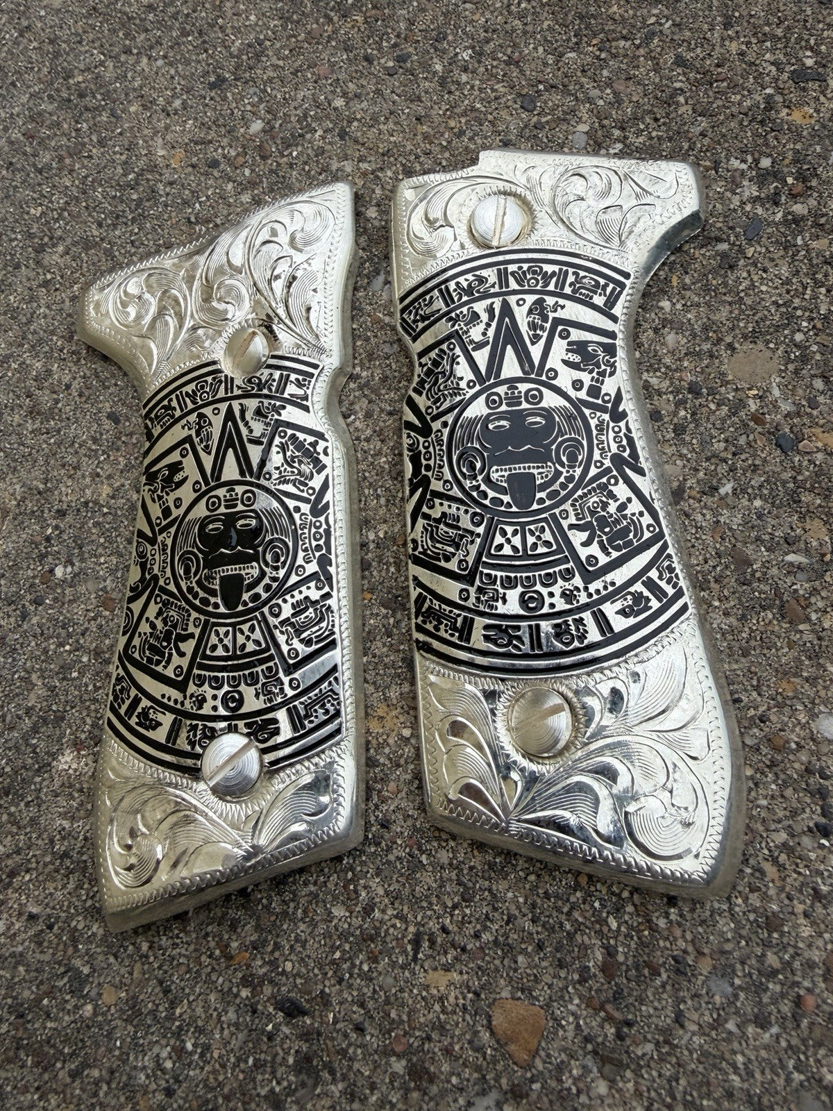 Beretta 92FS Cachas Aztec Gold Plated Pistol Custom Grips & Silver Screws