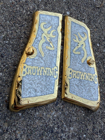 Browning Hi-Power 9mm Gold Gun Pistol Grip Cachas & 2 24K Screws