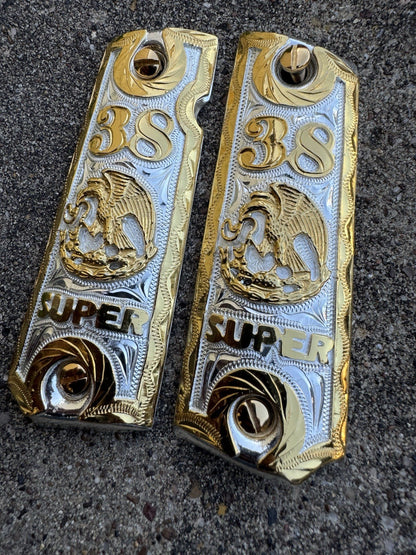 1911 45 38 Super Full Size Aguila Gold Gun Pistol Grip Cachas & 24K Screws
