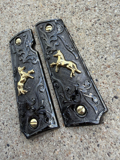 1911 45 38 Super Full Size Horse Gold Gun Pistol Grip Cachas & 24K Screws