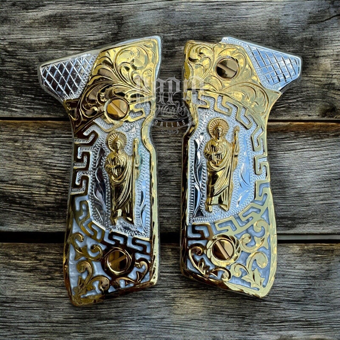 Beretta 92FS Cachas San Judas Gold Plated Pistol Custom Grips & Gold Screws