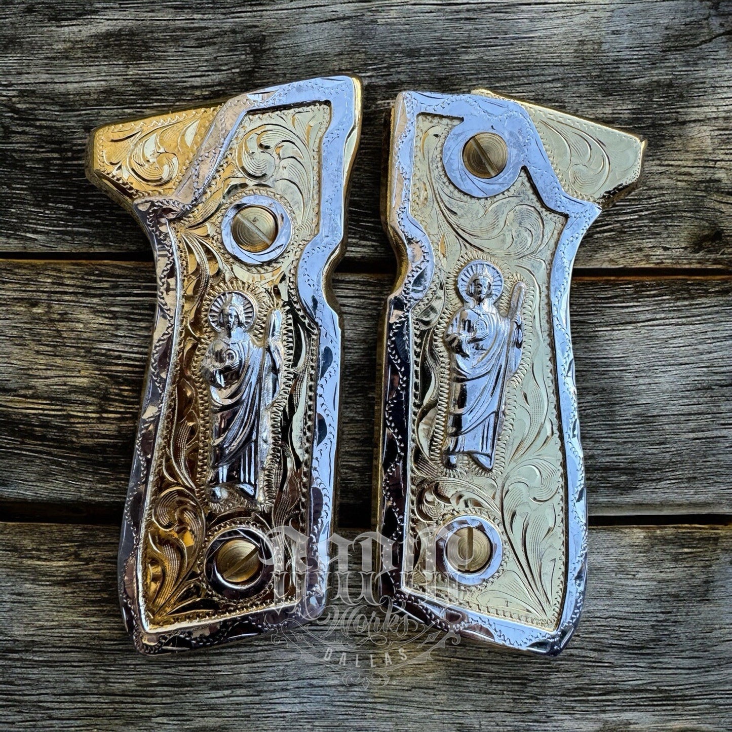 Beretta 92FS Cachas San Judas Gold Plated Pistol Custom Grips & Gold Screws