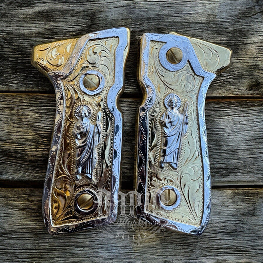 Beretta 92FS Cachas San Judas Gold Plated Pistol Custom Grips & Gold Screws