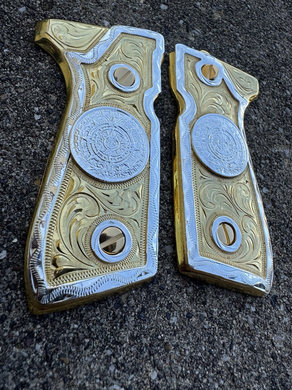 Beretta 92FS Cachas Azteca Gold Plated Pistol Custom Grips & Gold Screws